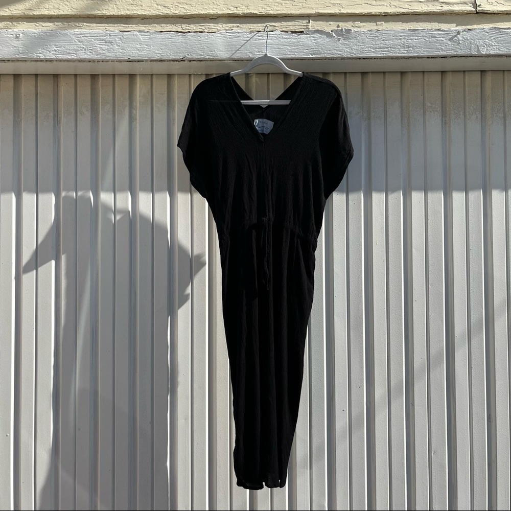 Tonle black woven gauze drawstring waist short sleeve mini dress